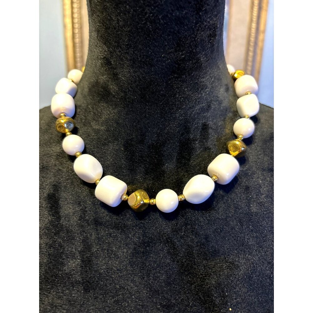 White & Gold Beaded Necklace Choker Unique Artsy Classy Statement Formal Fashion